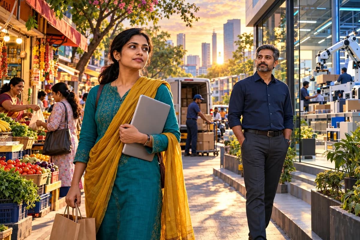 Meera with her laptop and shopping bag beside neighbourhood shops, with Arun outside an automated business on the same Bengaluru street.